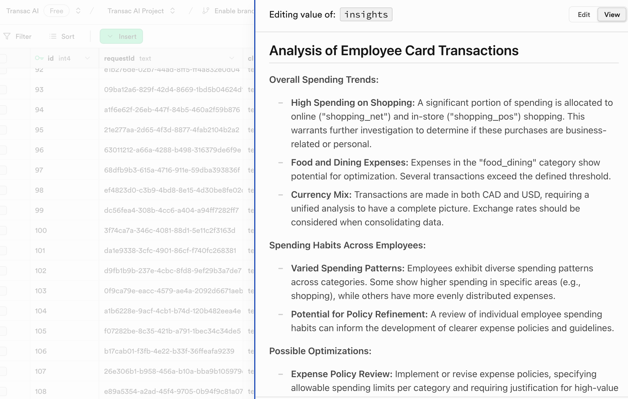 Example of generated insights